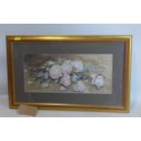 A watercolour of a still life of roses, indistinctly signed to lower left, in glazed giltwood frame,