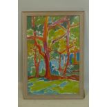 Ian Wild, A framed oil on board entitled, 'Robin's Apple Tree' executed in a fauvist colour palette,