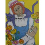 Elke Sommer b.1940 (German), lady with flowers and a cat, oil on canvas, signed and dated '73, 49