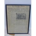 The New York times front page from june the 7th 1944 'Hitler's sea wall is breached', 56 x 41cm