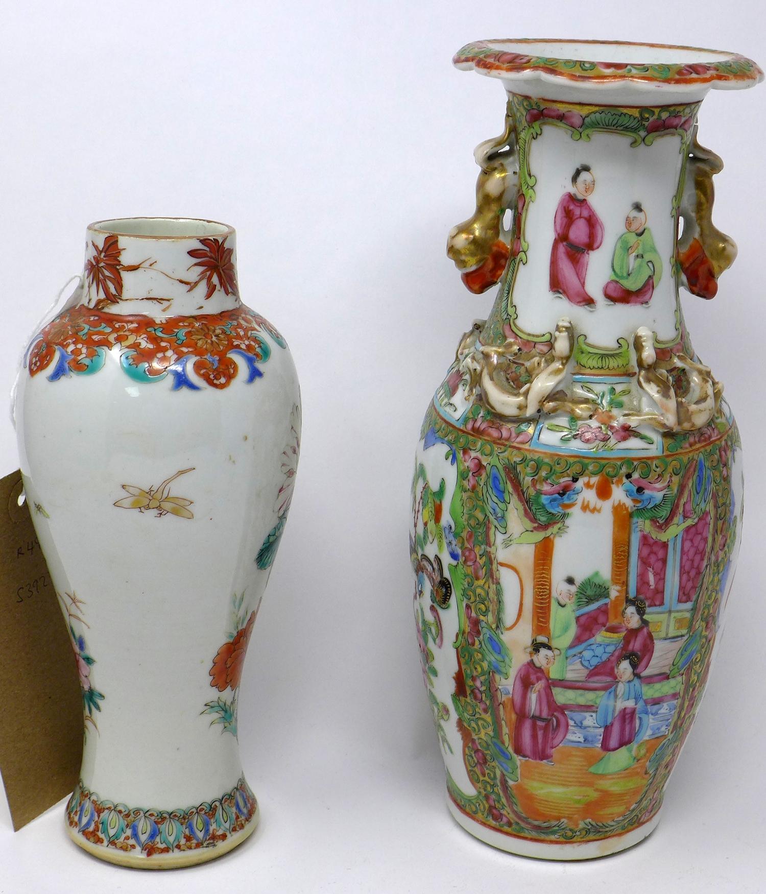 Two 19th century, Chinese vases: 1 Canton famille rose example H: 25cm and other H: 20cm - Image 3 of 3