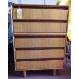 A 20th century Meredew teak chest of five drawers, raised on tapered legs, H.112 W.76 D.46cm