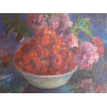 A still life study of cherries in a bowl and flowers, oil on canvas laid down on panel, framed, 30 x