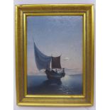 An early 20th century oil on board of a boat at dusk, in giltwood frame, 15.5 x 11.5cm