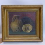 A gilt framed oil on board of a still life composition of jug, shell and bowl, indistinctly signed