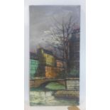 An oil on canvas depicting houses by a bridge and canal, indistinctly signed bottom left, 61 x 30cm