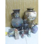 A Japanese bronze vase together with a Japanese satsuma vase, a small cloisonne vase, box, soapstone