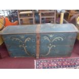 An early 18th century hand painted trunk, with iron mounts, dated 1724, H.69 W.48 D.62cm