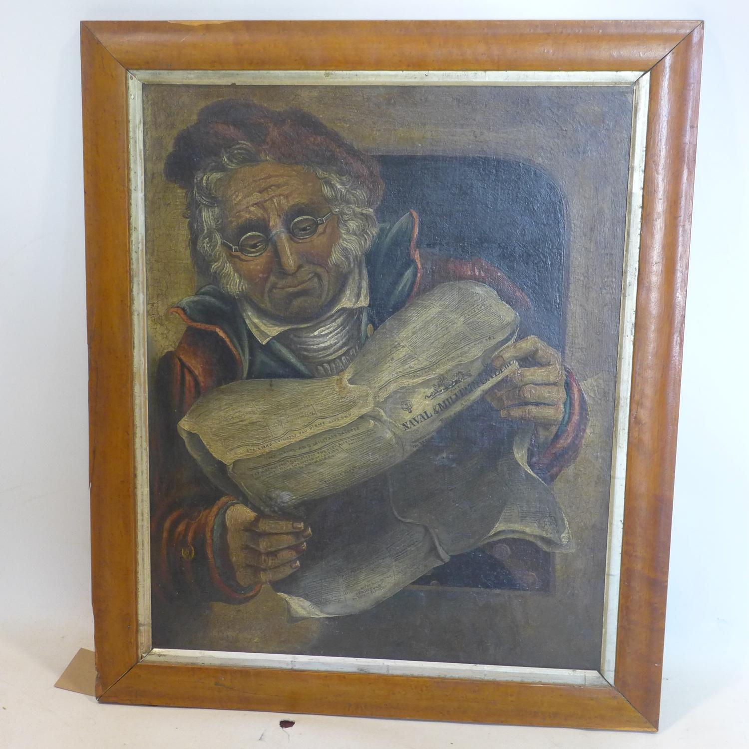 A 19th century oil on canvas, man reading newspaper, set in maple frame, 53 x 43cm