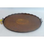 A 19th century marquetry inlaid mahogany serving tray with brass handles, 66 x 44cm