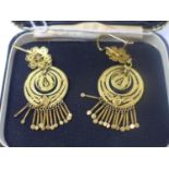 A pair of 21ct yellow gold filigree drop earrings, L: 5.5cm, gross: 8g