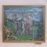 Pamela D. Marshall, A gilt-framed oil on board depicting The Three Graces in a garden lansdcape,