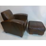 An Art Deco style leather armchair and matching stool