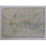 A vintage folding map of London by John Bartholomew & co, set in walnut and ebonized frame, 57 x