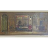 A 20th century oil on panel depicting an interiors shop front, signed Deborah ....?, 15 x 33cm