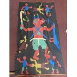 An early 20th century folk art tapestry decpiting horned beast and other figures, damaged, 168 x