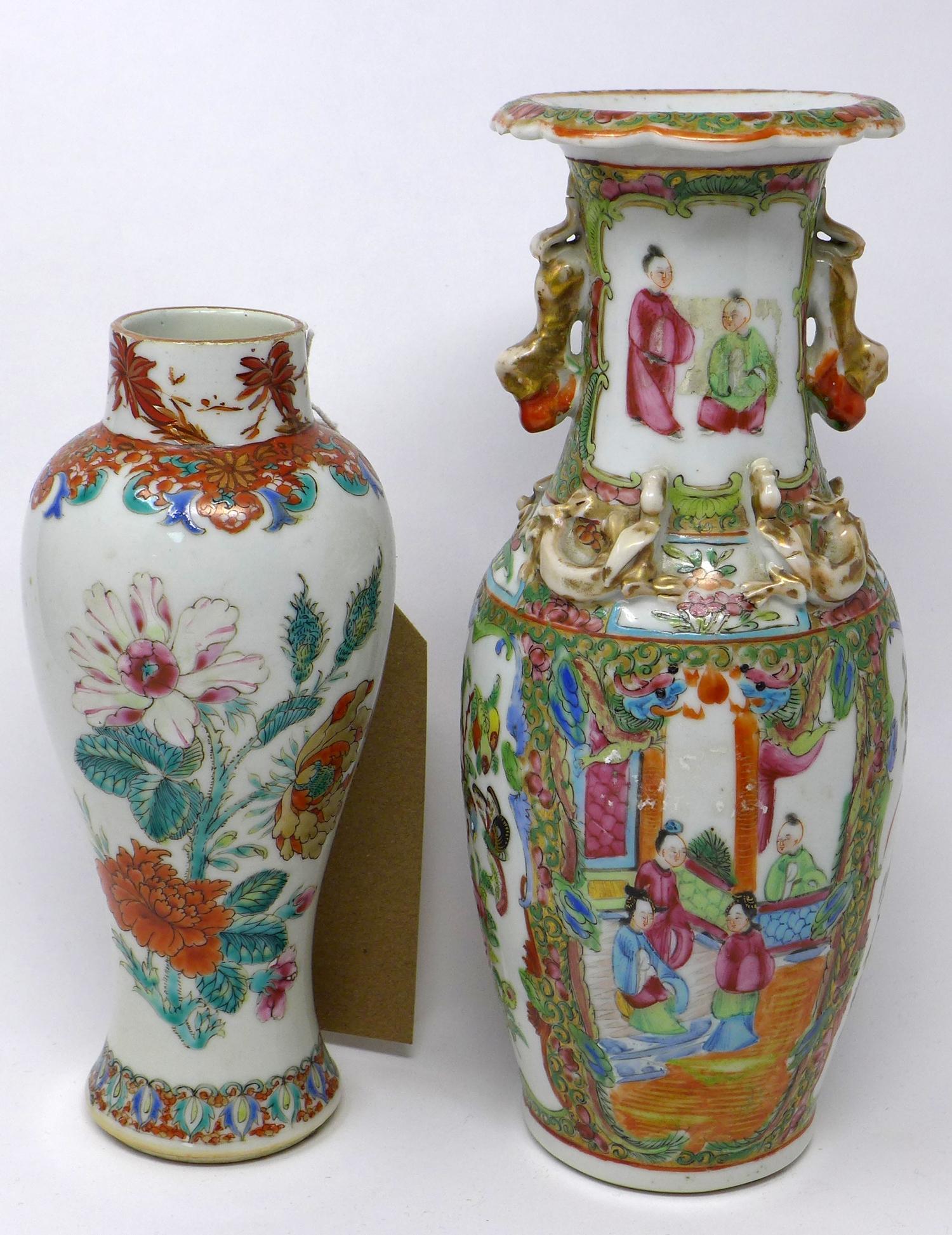 Two 19th century, Chinese vases: 1 Canton famille rose example H: 25cm and other H: 20cm