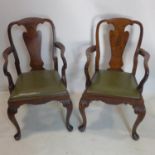A pair of Queen Anne style burr walnut open elbow armchairs