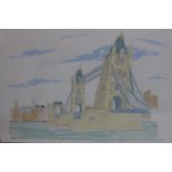 A large framed and glazed watercolour of Tower Bridge, London, indistinctly signed bottom right hand