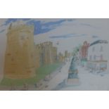 A large framed and glazed watercolour of Windsor castle, indistinctly signed bottom right hand