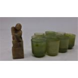 A set of 10 early 20th century Chinese jade sake cups together with a carved hardstone seal