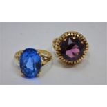 Two yellow gold rings: 14ct rose gold and round, faceted amethyst ring, Size: O and a 9ct yellow