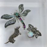 3 sterling silver and marcasite brooches: a dragonfly set with emeralds, rubies and sapphires 5 x
