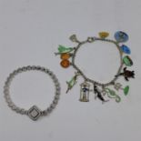 Two sterling silver bracelets: one with enamelled silver charms, the other studded with white
