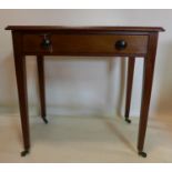 A 19th century mahogany side table, with single drawer, raised on tapered legs and castors, H.77 W.