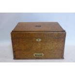 A 19th century oak stationary box with makers label for 'Partridge & cozens 192 fleet street', H.