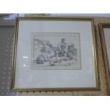 A gilt-framed and glazed early 19th century ink drawing of a seated woodcutter, 13 x 18cm