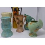 A collection of 6 Art Deco ceramic jugs in various colours and designs, largest: 27cm, smallest: