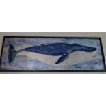 A contemporary print on glass of a whale, in black frame, 41 x 117cm