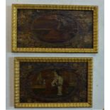 A pair of 19th century Middle Eastern painted panels depicting a gentleman and lady drinking, within
