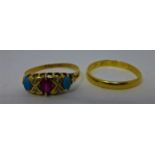 A 22ct gold wedding band, 2.4 grams, together with a 18ct gold ring set with garnet, turquoise and