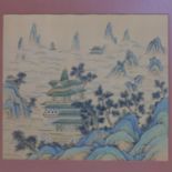 A Chinese painting on paper depicting houses in a mountainous landscape, bearing stamp mark to lower