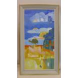 A large oil on board abstract townscape with mountain and sea to background, in gilt frame, 100 x