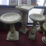 Three reconstituted stone bird baths,H.19 W.44 D.16cm; H.76cm Diameter 55cm; and H.78cm Diameter