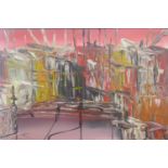 An abstract oil on board in pink, red, yellow, white and black, framed, 50 x 75cm