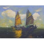 A framed mid-20th century impasto oil on canvas of sailing boats, indistinctly signed bottom