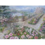 Jean Marie Le Guen, French, an oil on board of a country house garden entitled, 'Le Jardin du