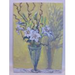 Jane Trevail (contemporary) A large oil on canvas of a still life of lillies in vase on yellow