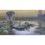 A large colour print of a painting by Enrique Serra, Roma, depicting a boat by marshes in an