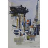 Darcy L. Mackie, British, A framed and glazed watercolour and ink study of Gerrard Street, London,