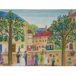 Anne Cadogan, Wedding guest in a French street scene, oil on paper, signed lower left, 39 x 54cm