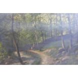 After J. Atkinson Grimshaw, Woman and girl on a woodland path, oil on canvas, unsigned, giltwood