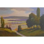 T. R. Alhm, A framed oil on canvas of a sunlit landscape vista, signed bottom left, 43 x 64cm