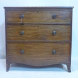 A 19th century mahogany chest of 3 drawers, raised on splayed feet, H.89 W.92 D.49cm