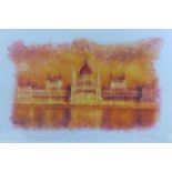 A framed and glazed print of an architectural view of Istanbul in hues of orange, signed Evelyn in
