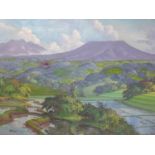 Abulani Sawah (Mid 20th century Indonesian), Paddy fields with mountains to background, oil on